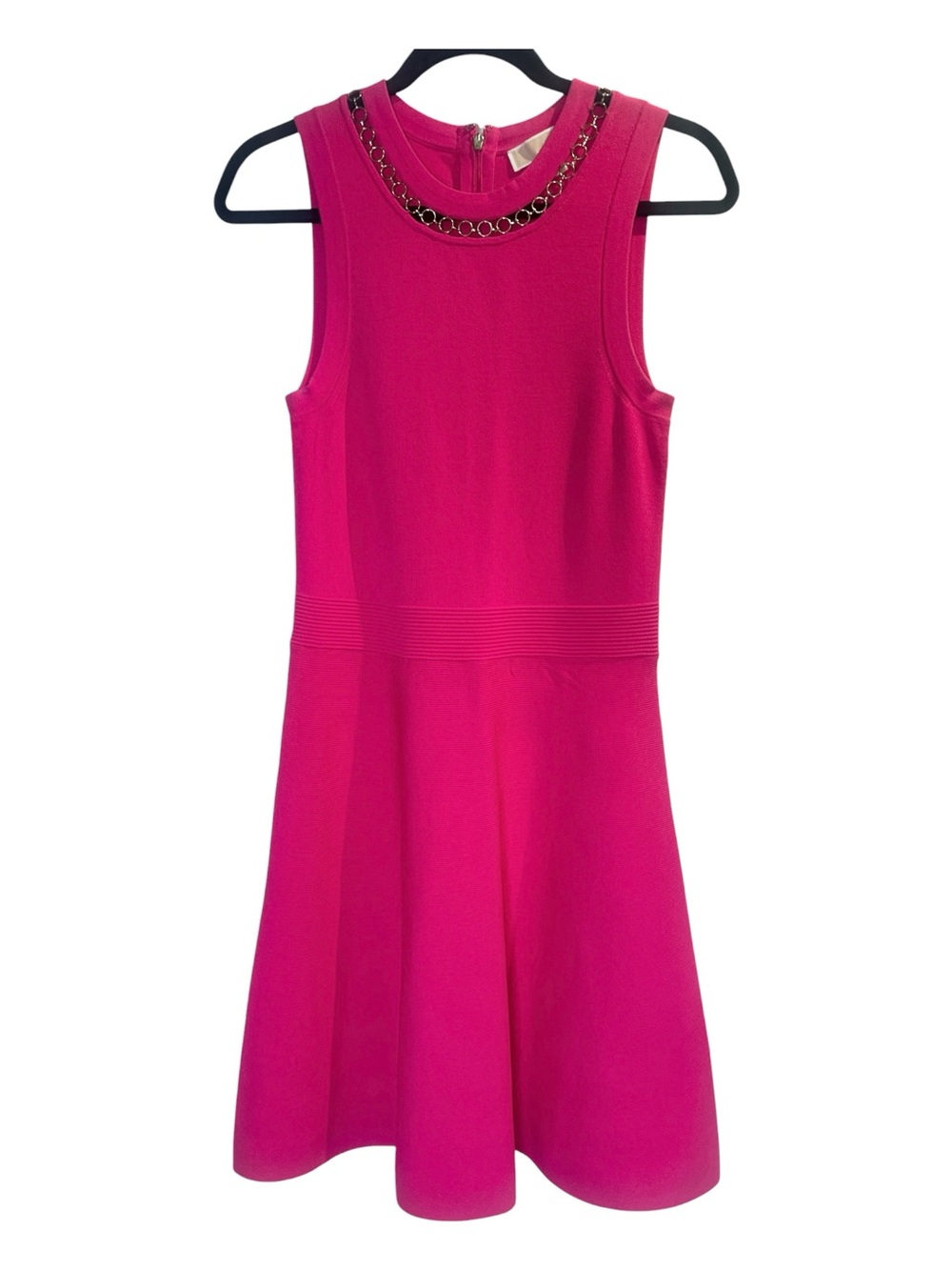 Michael Kors Hot Pink Sleeveless Fit-and-Flare Dress with Chain Neckline - Picture 6 of 11